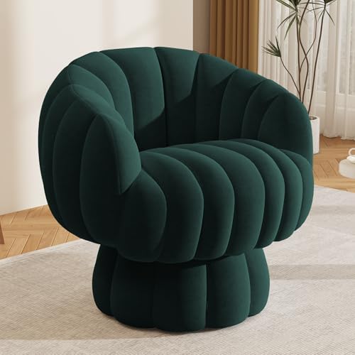 Mid Century Modern 360 Degree Barrel Swivel Accent Sofa Chair,Fluffy Velvet Fabric Lounge Wide Upholstered Pumpkin Reading Chair, Round Cloud Armchair for Living Room,Bedroom,Vanity(Green)
