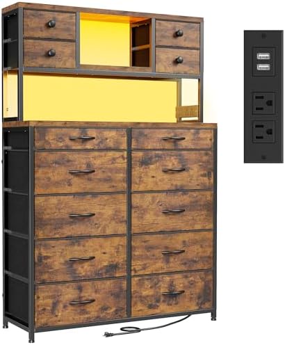 EnHomee 62.8" H Dresser for Bedroom with 14 Drawers,Fabric Dresser with Charging Station and LED Lights,Dressers & Chests of Drawers for Bedroom, Steel Frame & Wooden Top,Rustic Brown