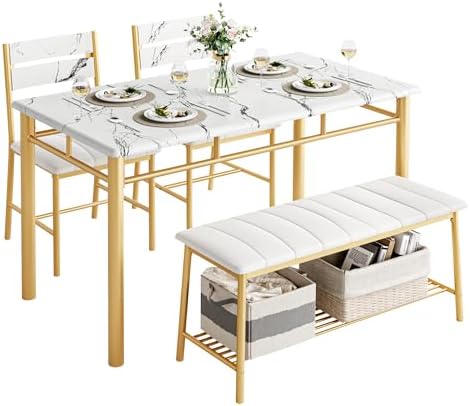 IRONCK Dining Table Set for 4, Kitchen Table with Upholstered Bench and 2 Chairs, Kitchen Table and Chairs Set for Small Space, Apartment, White & Gold