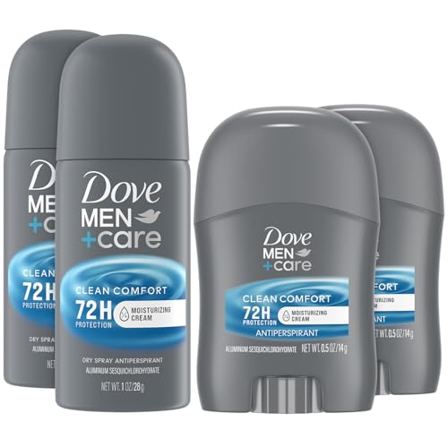 Dove Men + Care Clean Comfort Travel Antiperspirants – Men’s Antiperspirant Spray + Stick, 72H Protection (4 Piece Set)