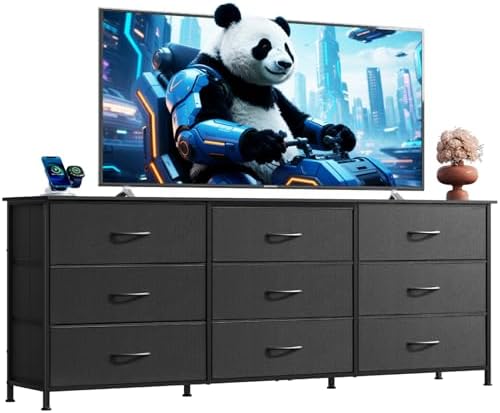 WLIVE 63''W Dresser for Bedroom, Black Dresser TV Stand for 65, 70, 75 inch TV, Wide Chest of Drawers with 9 Drawer, Large Entertainment Center, Fabric Dressers with Wood Top for Closet, Living Room