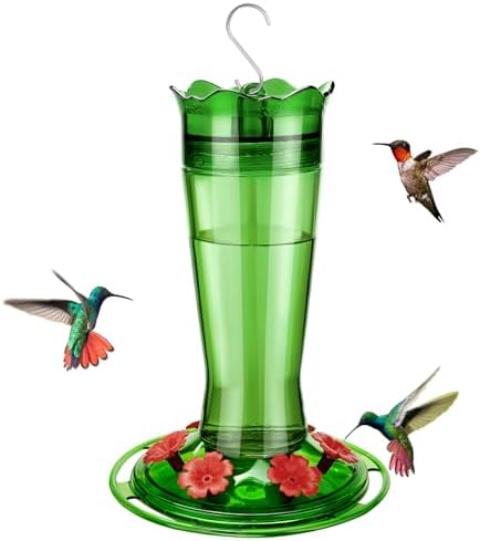 Kingsyard Glass Hummingbird Feeder for Outdoors Hanging - 6 Bee Guard Feeding Ports & Built-in Ant Moat, Wild Bird Feeder for Outside Garden Yard Patio 14 Oz, Green