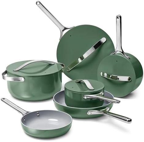 Caraway Deluxe Nonstick Ceramic Cookware Set (16 Piece) Pots, Frying Pans, Lids and Kitchen Storage - PFAS & PFOA Free - Oven Safe Ceramic Pan Set & Compatible with All Stovetops - Sage