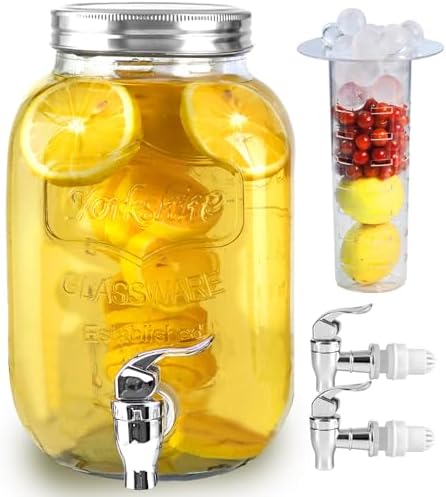 1 Gallon Glass Drink Dispensers for Parties, Large Beverage and Water Dispenser, Lemonade Dispenser, Sun Tea Glass Jar for Outside, With a Fruit Infuser, Two Spigots, Chalkboard and Lids