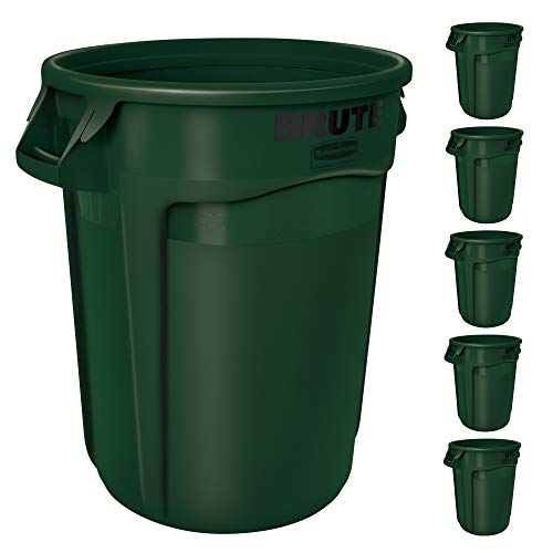 Rubbermaid Commercial Products BRUTE Heavy-Duty Round Trash/Garbage Can, 32-Gallon, Green, Wastebasket for Home/Garage/Mall/Office/Stadium/Bathroom, Pack of 6