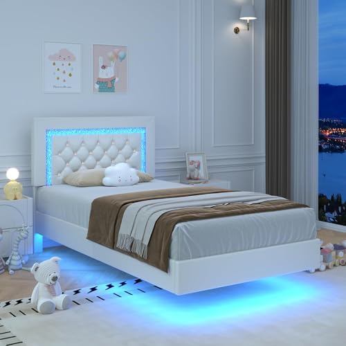 Floating Bed Frame Twin with LED Lights, Upholstered Platform Bed with Diamond Tufted Headboard, No Box Spring Needed, Noise Free, Easy Assembly, White