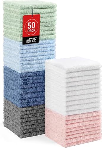 HOMEXCEL Microfiber Washcloths 50 Pack, Highly Absorbent and Soft Face Towel, Multi-Purpose Wash Cloths for Bathroom, Hotel, Spa, Gym, and Kitchen, 12x12 Inch