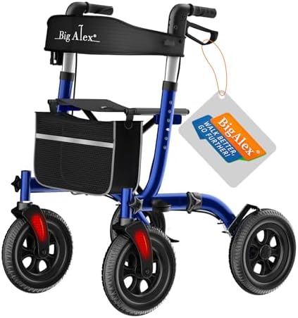 BigAlex Rollator Walker with Seat, Walker for Seniors with Wider Seat,Folding Rolling Walkers with 10" All-Terrain Wheels,Lightweight Aluminum Walkers Rollator with Backrest,Cup Holder,Blue