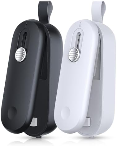 FEPPO 2 Pack Bag Sealer, Mini Bag Sealer 2 in 1 Handheld Chip Bag Sealer Heat Seal and Cutter with Lanyard, Portable Resealer for Snacks Plastic Bag Food Storage, Black/White (Batteries Included)