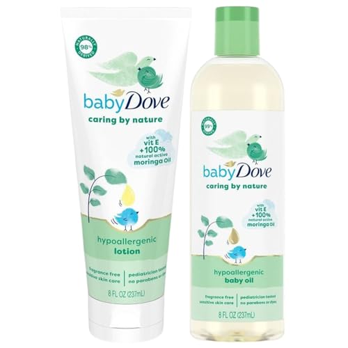 Dove Baby Oil & Baby Lotion, Caring by Nature β Hypoallergenic Oil & Lotion, Nourishing Moringa Oil & Vitamin E Oil for Skin, Fragrance Free, 8 Oz Ea (2 Piece Set)