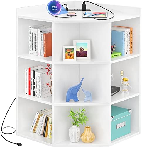 Aheaplus Corner Cabinet, White Corner Storage with USB Ports and Outlets, Corners Cube Toy Storage for Small Space, Wooden Cubby Corner Bookshelf with 9 Cubes for Bedroom, Living Room, Office, White