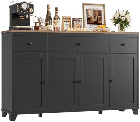 HIFIT 55" Large Kitchen Buffet Cabinet with Storage Drawers, Farmhouse Sideboard Buffet Table Storage Cabinet with Doors and Shelves, Wood Coffee Bar Cabinet for Kitchen Dining Living Room, Black