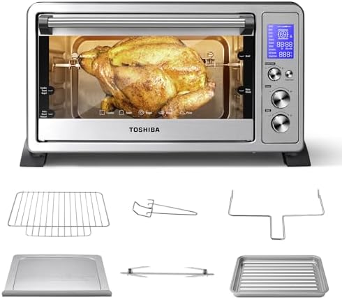TOSHIBA AC25CEW-SS Large 6-Slice Convection Toaster Oven Countertop, 10-In-One with Toast, Pizza and Rotisserie, 1500W, Stainless Steel, Includes 6 Accessories