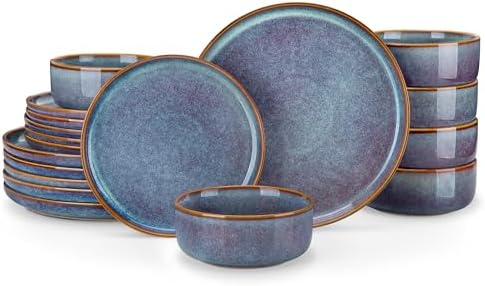 vancasso PLAYA Plates and Bowls Sets, 18 Pieces Grey-Blue Dinnerware Sets for Kitchen, Reactive Glaze Dishes Set for 6, Dishwasher and Microwave Safe