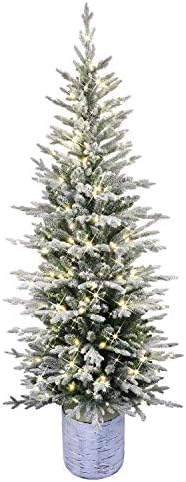Puleo International 6ft Pre-Lit Potted Flocked Arctic Fir Pencil Christmas Tree with 120 Warm White Lights, 1325 Realistic Dense Branch Tips, Easy Setup Artificial Trees with Sturdy Metal Stand