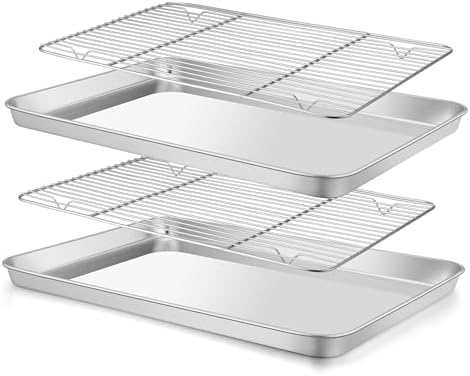 E-far Baking Sheet with Wire Rack (2 Pans + 2 Racks), Stainless Steel Cookie Sheets Pan & Cooling Rack for Baking Cookies/Jelly Rolls, Non Toxic & Heavy Duty, Oven & Dishwasher Safe, 16 x 12 x 1 Inch