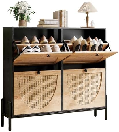 IRONCK Rattan Shoe Cabinet Storage with 4 Flip Drawers, Freestanding Shoe Storage Organizer Cabinet for Entryway, Narrow Shoe Rack Cabinet, Black