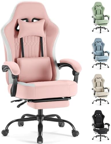 Sweetcrispy Computer Gaming Chair - High Back Ergonomic Desk Chair with Footrest and Lumbar Support, Height Adjustable Task Chair with Linkage Armrests and Headrest, 360° Swivel Wheels, Pink