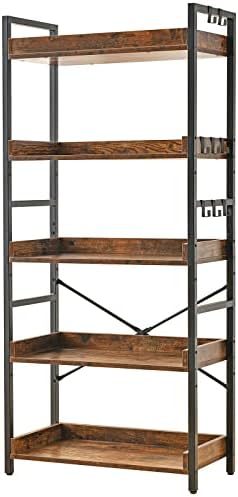 HCHQHS Adjustable 5 Tier Open Bookcase, Rustic Farmhouse Book Shelves, Industrial Wood and Black Metal Bookshelves, Mid Century Bookcase for Home Office Living Room Bedroom