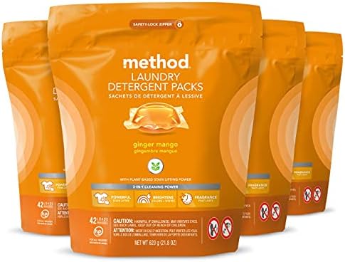 Method Laundry Detergent Packs; Ginger Mango Scent; Plant-Based Stain Remover Solution that Works in Hot & Cold Water; 42 Packs per Bag; 4 Pack (168 Loads); Packaging May Vary