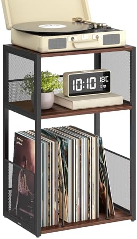 VASAGLE Record Player Stand, 3-Tier Side Table, Vinyl Record Storage up to 100 Albums, End Table for Living Room, Bedroom, Natural Walnut ULET275K02