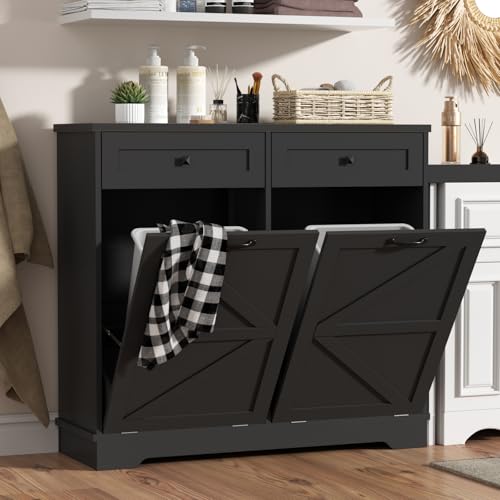 20 Gallon Tilt Out Trash Can Cabinet, Farmhouse Double Kitchen Trash Can Cabinet with Negative ion and Charging Station, Dog Proof Garbage Can for Kitchen, Hallway, Living Room, Black