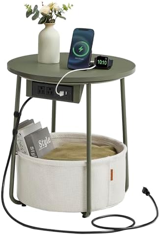 VASAGLE Side Table with Charging Station, Round End Table with Fabric Basket, Nightstand with Power Outlets, USB Ports, for Living Room, Bedroom, Modern, Forest Green and Cream White ULET228C04