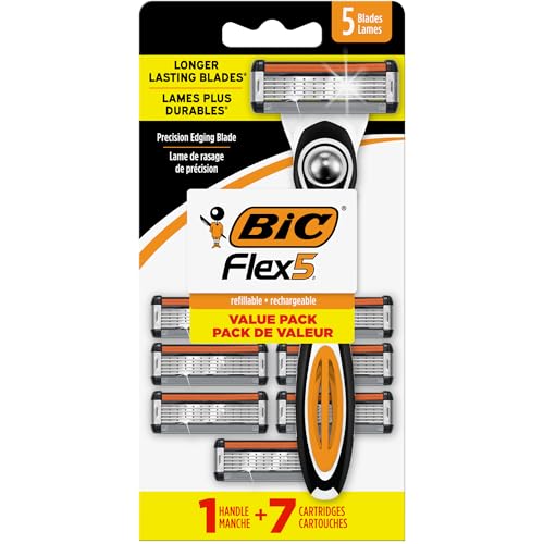 BIC Flex 5 Men's Refillable with 5 Blade Razors, 1 Handle and 7 Cartridges, Straight Razors for Men with Precision Edging, 7-Pack