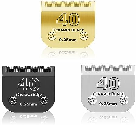 3 Color 40# Detachable Pet Dog Grooming Ceramic Blades,Compatible with Andis,Oster A5,Wahl KM-10 Series,Size #40 Blade 1/100-Inch 0.25MM Cut Length(Silver+Black+Golden)