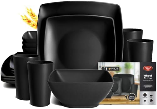 Teivio 16-piece Plastic Wheat Straw Square Dinnerware Set for 4, Unbreakable Dinner Plates, Salad Plates, Snack Bowls, Tumblers 13.5 oz, Dishwasher Safe, Black Matte