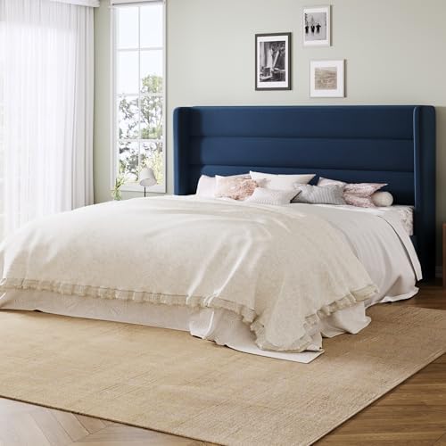 Allewie Queen Size Platform Bed Frame with Velvet Upholstered Wingback Headboard, No Box Spring Needed, Under Bed Storage Space, Wooden Slats, Modern Mattress Foundation, Easy Assembly, Blue