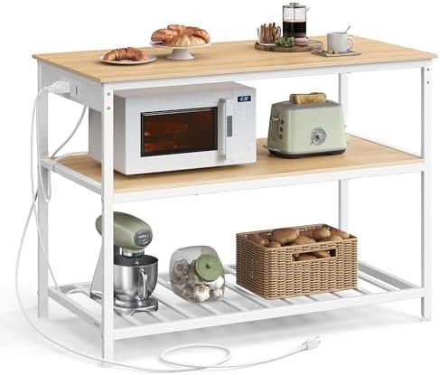 VASAGLE Kitchen Island with 3 Shelves, Kitchen Shelf with Power Strip, 23.6 x 47.2 x 34.9 Inches, Large Worktop, Steel Structure, Industrial, Easy to Assemble, Oak Color and White UKKI101Y01