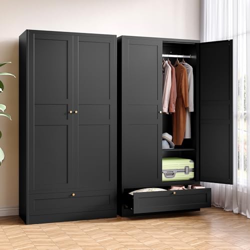 Metal Armoire Wardrobe Closet with 2 Doors 72'' Wardrobe Cabinet with Drawers and Hanging Rail Metal Closet with Adjustable Shelves for Bedroom. (Black, with 1drawer)
