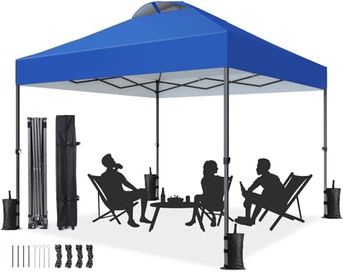 Pipishell 10x10 Pop Up Canopy Tent, Portable Outdoor Canopy, One-Person Setup, UV-Resistant & Waterproof Easy Up Canopy with Guylines, Stakes & Sandbags, Beach Canopy with 3 Height Levels, Blue
