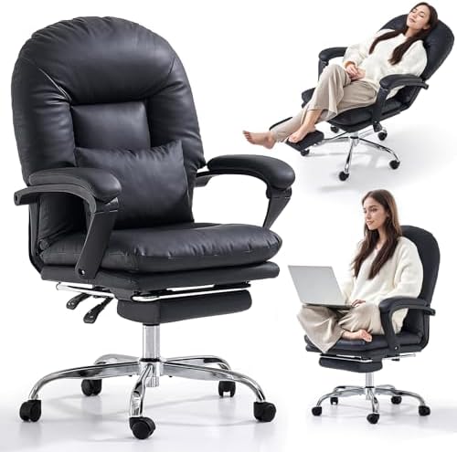 EMIAH Ergonomic Office Chair with Foot Rest Criss Cross Chair with Wheels Reclining Executive Office Chair Mid Back PU Leather Swivel Computer Chairs Lumbar Support for Home Office (Black)
