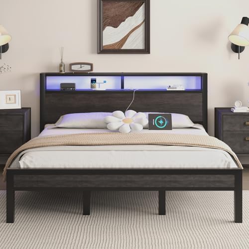 King Size Platform Bed with 2-Tier Storage Headboard, Metal Bed Frame with Charging Station & LED Light, Heavy Duty Metal Slats, No Box Spring Need, Noise Free, Grey