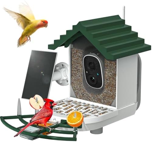 Smart Bird Feeder with Camera Solar Powered & AI Bi rd Identification, 2.4Ghz WiFi Bird feeders for Outdoors, 1080P Full HD Live Video, Nstant Arrival Alerts - Best Gifts for Bi rd Lovers - Green