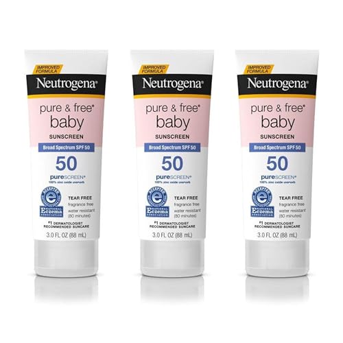 Neutrogena Pure & Free Baby Mineral Sunscreen Lotion with Broad Spectrum SPF 50 & Zinc Oxide, Water-Resistant, Hypoallergenic & Tear-Free Baby Sunscreen, Paraben-Free, Dye-Free, 3 fl. oz, 3 Pack