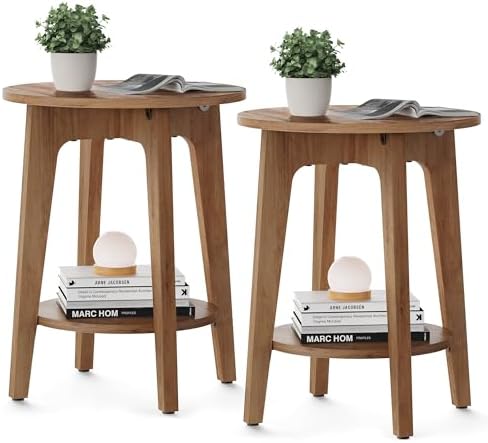 VASAGLE Side Tables, Set of 2, Small Round End Table with Lower Shelf, Nightstand for Small Spaces, Living Room, Bedroom, Rustic Walnut ULET289K01