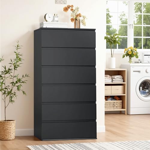 FOTOSOK Black Dresser, 6 Drawer Dresser, Modern Tall Black Storage Chest of Drawers Wood Dressers with Metal Sliding Rail, Handleless Drawer Cabinet for Home & Office