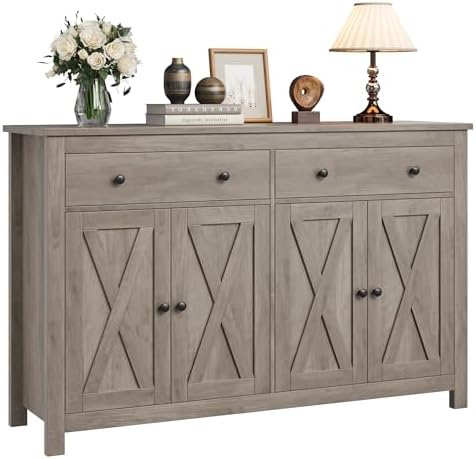 FOTOSOK Sideboard Buffet Cabinet with Storage, 55" Large Kitchen Storage Cabinet with 2 Drawers and 4 Doors, Wood Coffee Bar Buffet Table for Kitchen Dining Room, Ash Grey