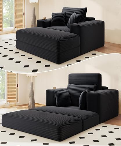 62" Oversized Chaise Lounge Chair Indoor, Corduroy Boneless Chaise Lounge Couch Sleeper Chair, Convertible Oversized Reading Chairs, Plush Compression Sofa with Ottoman, Black
