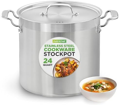 NutriChef Stainless Steel Cookware Stock Pot - 24 Quart, Heavy Duty Induction Soup Pot With Lid, Induction, Ceramic, Glass and Halogen Cooktops Compatible - NCSPT24Q