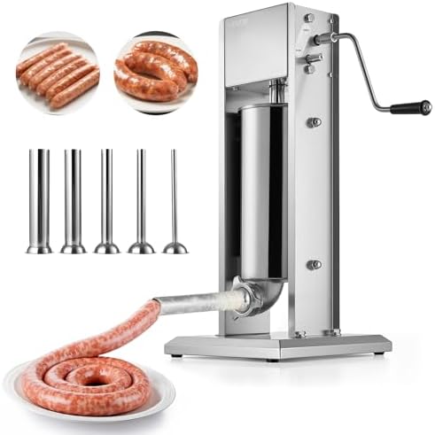 VEVOR Manual Sausage Stuffer, 11 LBS / 5 L Vertical Meat Stuffer, Dual-Speed Sausage Casing Meat Filling Machine, Stainless Steel Heavy Duty Filler with 5 Stuffing Tubes, for Commercial & Home Use