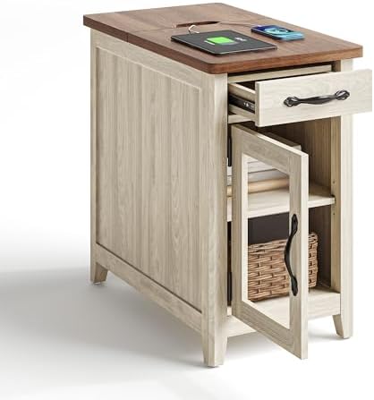 LINSY HOME Farmhouse End Table with Charging Station, Narrow Side Table for Living Room, Sofa Side Table with Drawer and Storage Cabinet, Small Nightstand for Home Office
