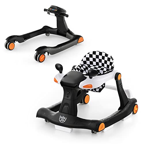 BABY JOY 2 in 1 Baby Walker, Foldable Activity Walker with Adjustable Height & Speed, Music, Lights, Mirrors, Padded Seat Cushion, Activity Baby Push Walker for Toddler Boys Girls, Ages 6-18 Months