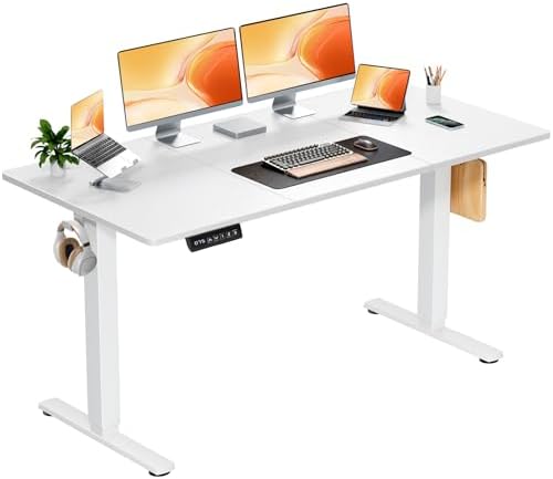 Sweetcrispy Standing Adjustable Height Desk, Electric 63 x 24 Inch Sit to Stand Up Rising Computer Gaming Table with 3 Memory Presets, Splice Board, T-Shaped Bracket Home Office Workstation, White