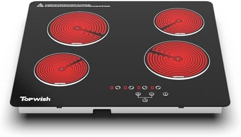 4 Burner Electric Cooktop, TOPWISH 24 Inch, Built-in Electric Stove Top, 220-240v Radiant Cooktop with Child Lock, Touch Control, Residual Heat Indicator, Overheat Protection, Hard Wire (No Plug)