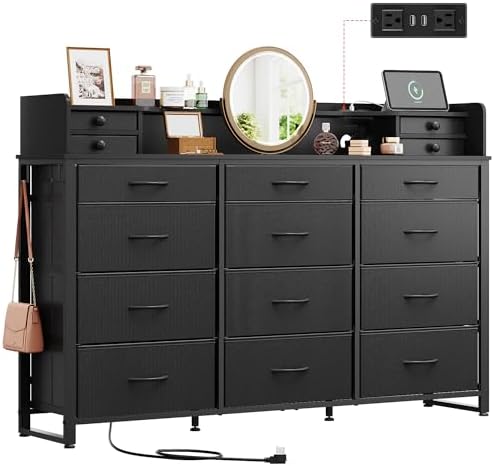 WLIVE 55''W Storage Organizer Unit with Charging Station, Black Storage Drawers Organizer with 16 Fabric Drawers & 3 Open Shelves, Large Storage Tower Organizaton for Living Room, Hallway, Office