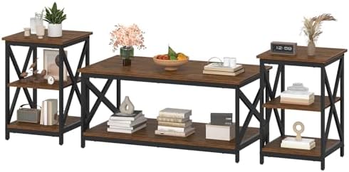 Bigbiglife Living Room Coffee Table Set of 3, Industrial X-Design Coffee Table and 2 End Side Tables, 3 Piece Living Room Table Set with Large Storage for Apartment Home (Dark Rustic Brown)
